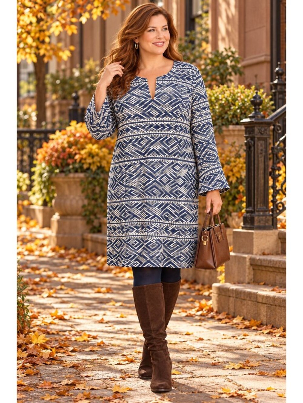 Signature by Robbie Bee Dress Womens XL Navy Ivory Geometric Split Neck Shift